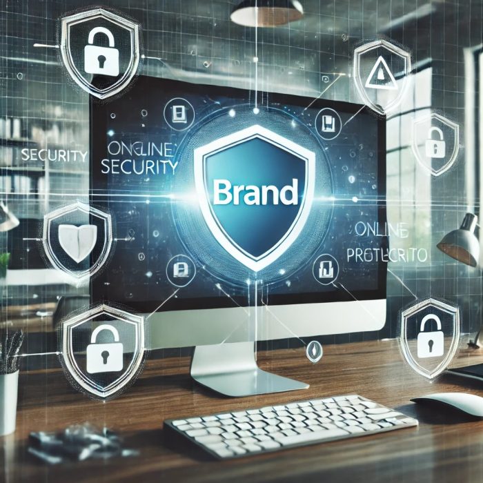 DALL·E 2024 10 02 15.33.23 A realistic image illustrating online brand protection. A computer screen displaying a website with a prominent brand logo. Surrounding the screen, di