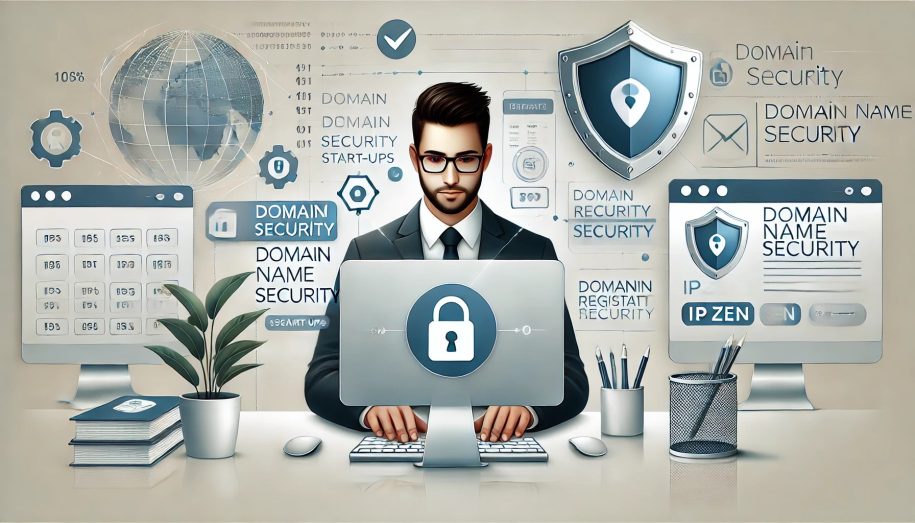 DALL·E 2024 10 22 10.37.04 A professional, realistic illustration representing the concept of domain name security for start ups. The image features a simplified digital workspa