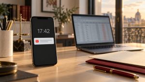 Homepage 11 A phone notification at 17:42 beside a laptop and trademark folders on an office desk.